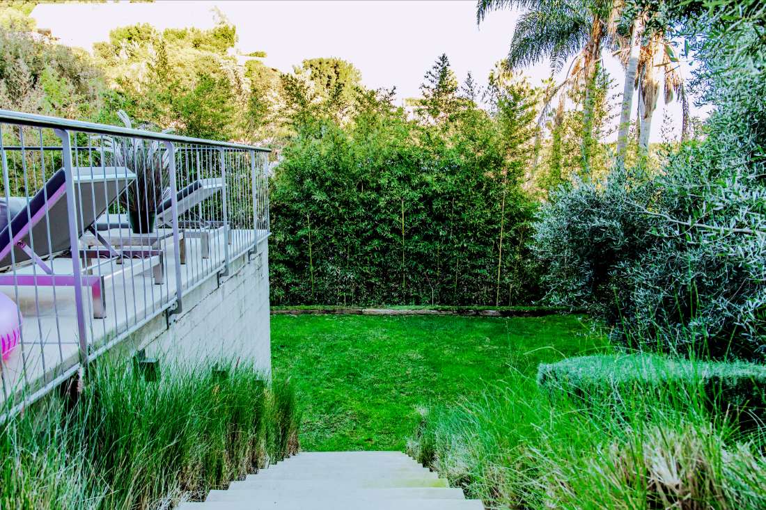 A garden with stairs leading to the back yard.