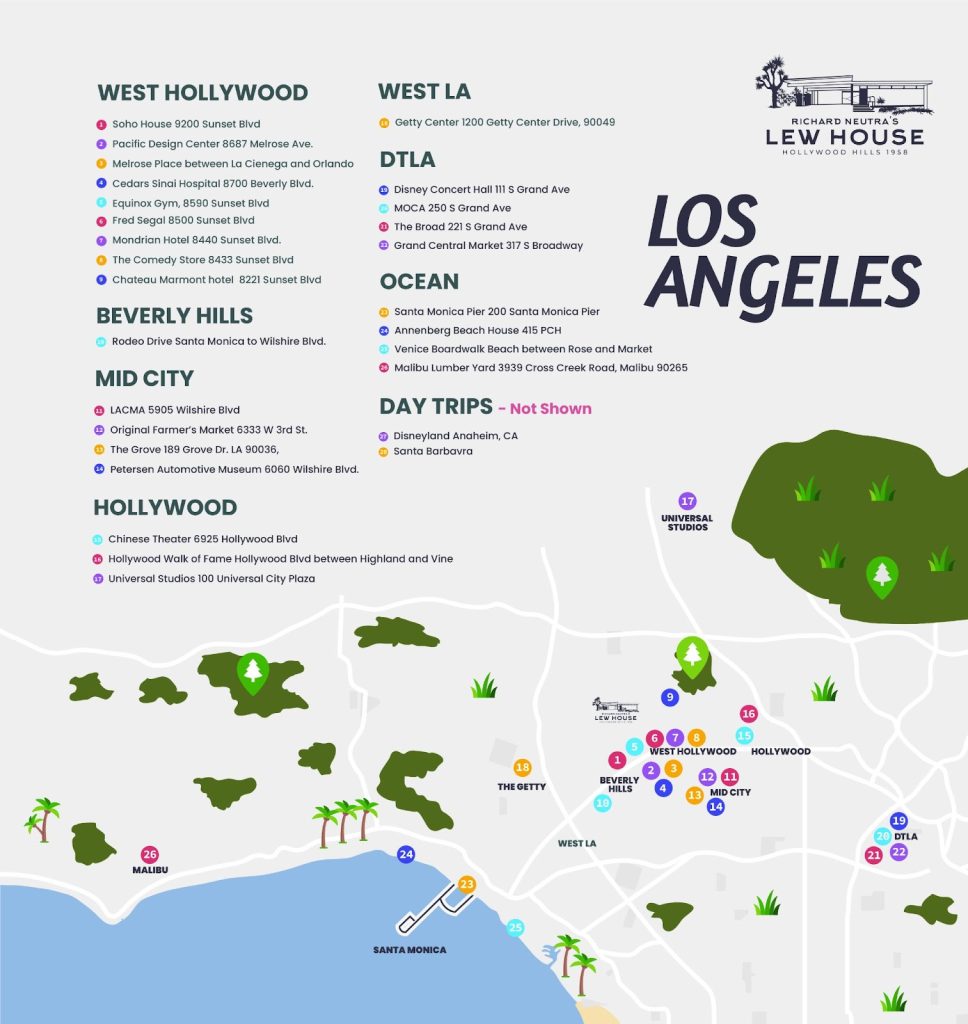 A map of los angeles with many attractions and locations.